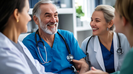 Medical professionals in a collaborative discussion, smiling and engaged in conversation.