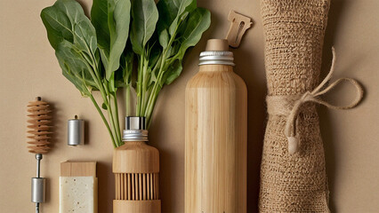 Eco-Friendly Essentials: An eco-conscious assortment, featuring a sustainable toothbrush, fresh produce, and a reusable water bottle, all nestled within a natural tote bag.