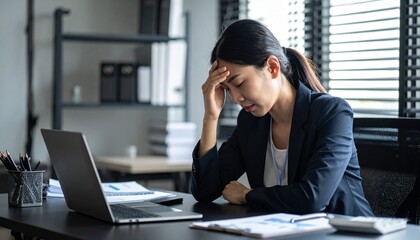 オフィスのデスクで頭を抱える女性