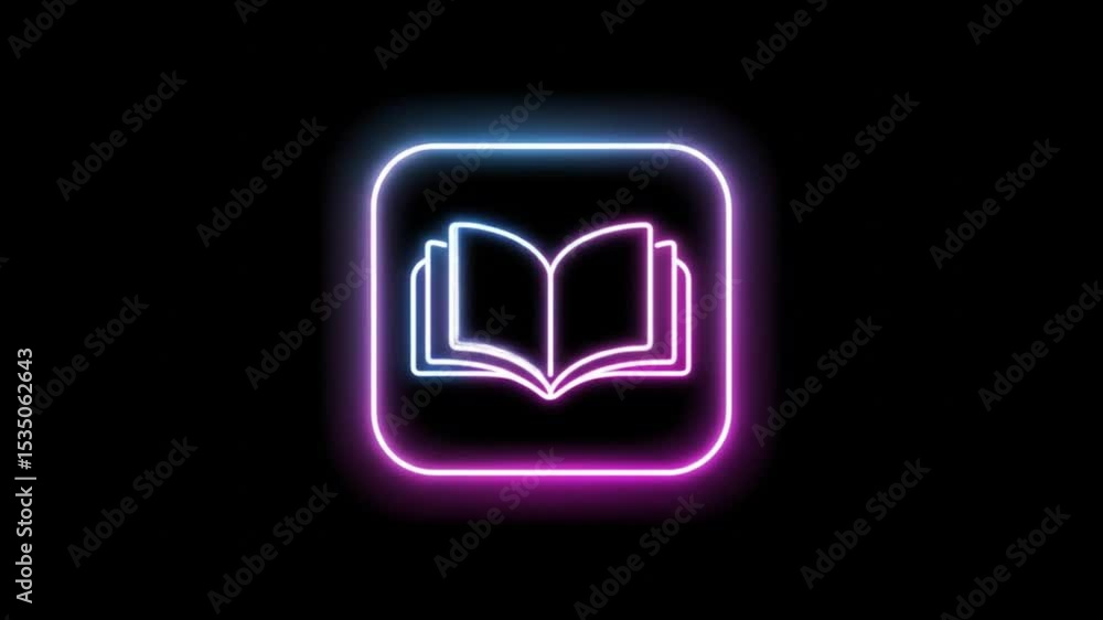 Poster neon book icons animation loop: educational symbols with colorful glow effect