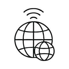 Flat vector icon of two globes with a wireless signal above, representing global connectivity, internet access, networking, worldwide communication, and digital infrastructure.