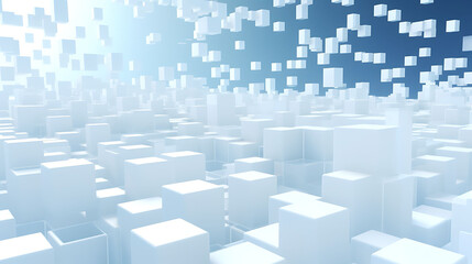 Scattered 3D white blocks forming a loose cluster in the bottom third of the frame with a smooth open space above for content overlay