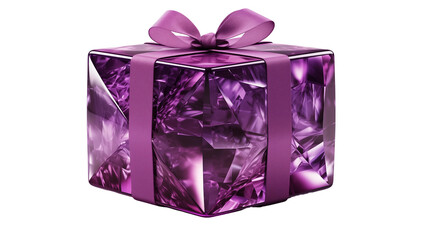 Amethyst crystal gift box, purple jewel present, shiny 3D render, premium gemstone, elegant luxury, isolated on transparent background.