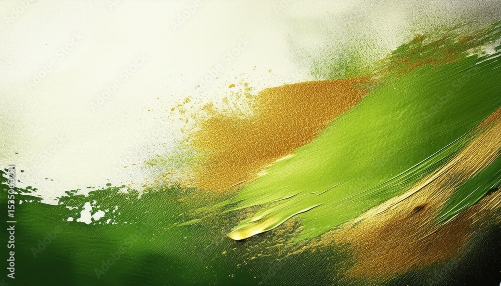 Poster abstract green and gold paint texture with dynamic brushstroke and metallic shimmer on canvas, ideal for web design, branding, or editorial layout

