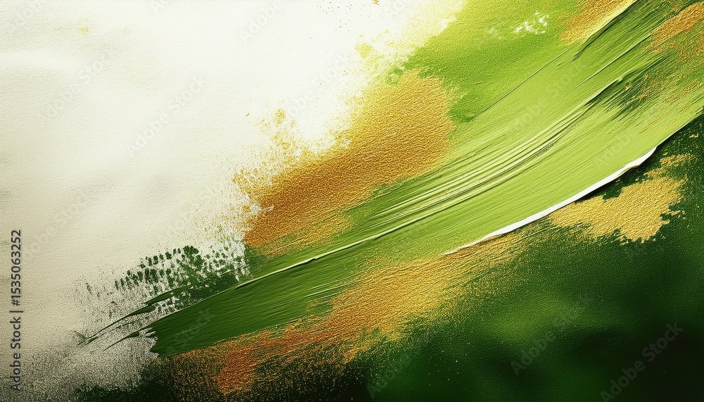 Poster abstract green and gold paint texture with dynamic brushstroke and metallic shimmer on canvas, ideal for web design, branding, or editorial layout

