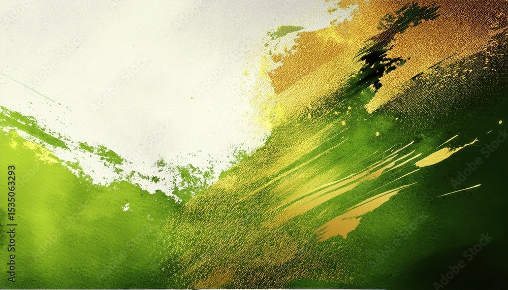 Poster abstract green and gold paint texture with dynamic brushstroke and metallic shimmer on canvas, ideal for web design, branding, or editorial layout

