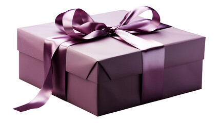 Purple gift box, satin ribbon bow, anniversary birthday present, elegant special occasion, luxury design, isolated on transparent background.