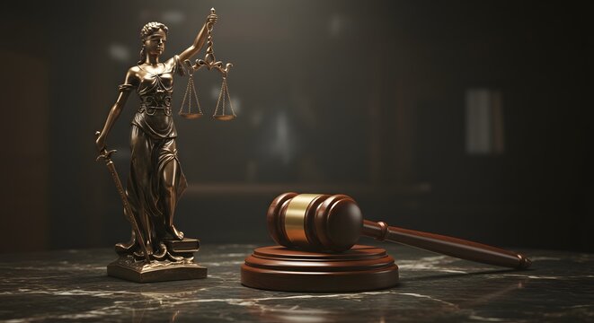 World Day for International Justice Drought Eradication Day Justice Lady Justice Statue and Gavel on Dark Marble