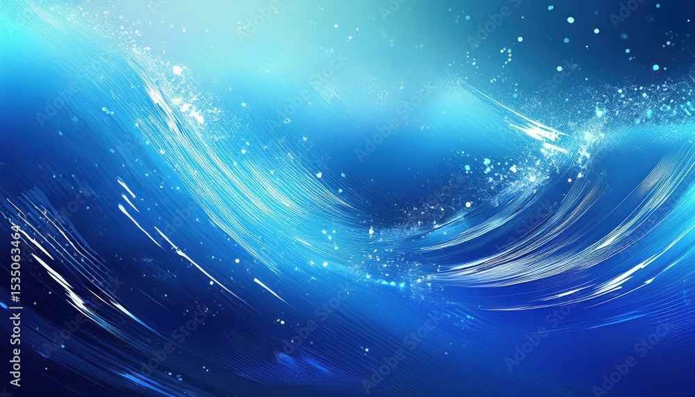 Poster dynamic abstract ocean wave in radiant blue tones with glowing streaks and scattered light particles