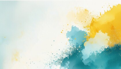 Obraz premium abstract watercolor splash with teal, turquoise, and golden yellow ink bursts on textured canvas background for web design, branding, poster, or packaging visual
