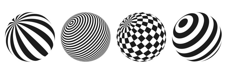 Striped and checkered 3d spheres. Abstract balls with black and white colors. Geometric design with optical illusion effect. Vector illustration.