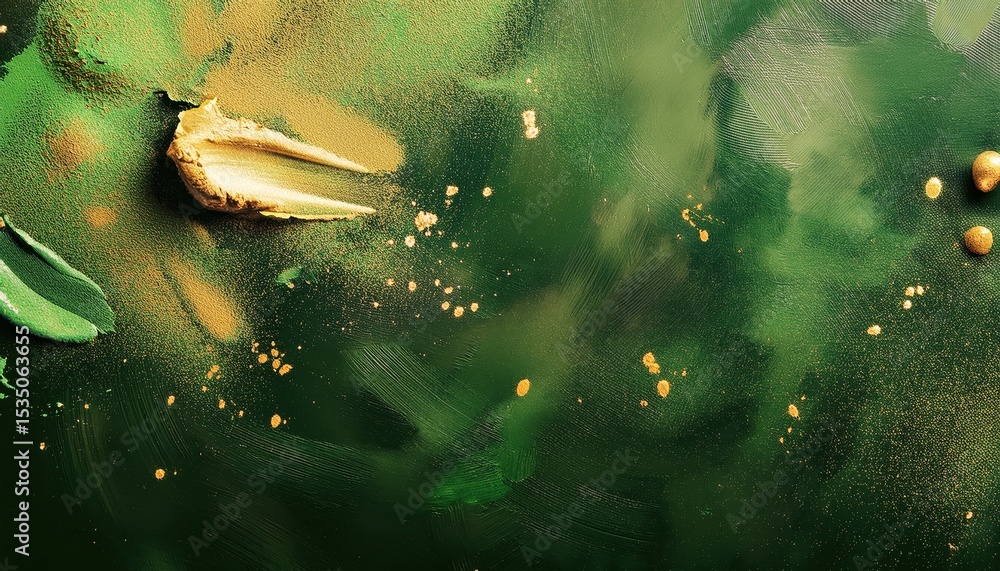 Poster shimmering emerald abstract texture with golden brushstroke highlights and dotted light patterns for luxury branding, web design, or elegant print background

