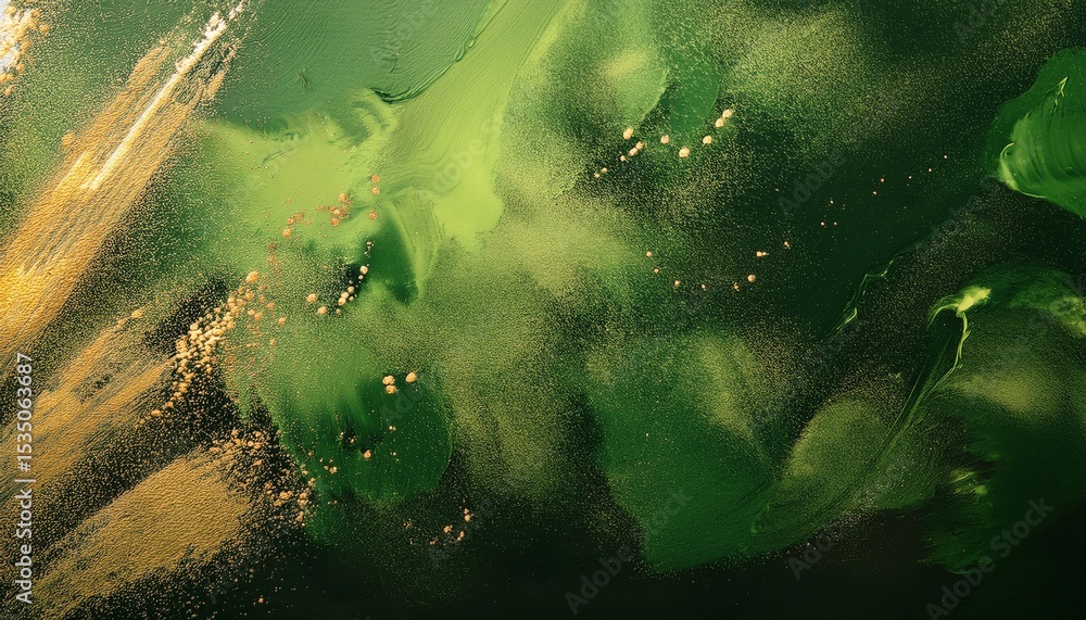 Poster shimmering emerald abstract texture with golden brushstroke highlights and dotted light patterns for luxury branding, web design, or elegant print background

