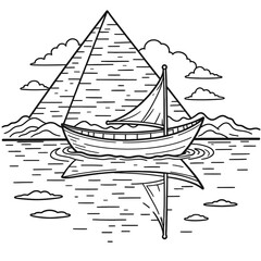Egyptian Solar Barge Line Art with Red Sail, Pyramid Reflection, Mythology Vector Art