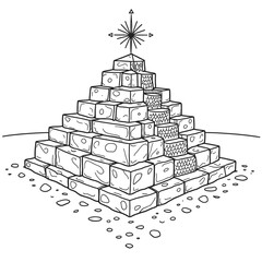 Deconstructed Pyramid Line Art with Red Compass Rose, Ancient Engineering, Vector Illustration