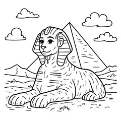 Mystical Sphinx and Pyramid Line Art, Red Tear Drop, Ancient Egyptian Symbolism, Vector Illustration