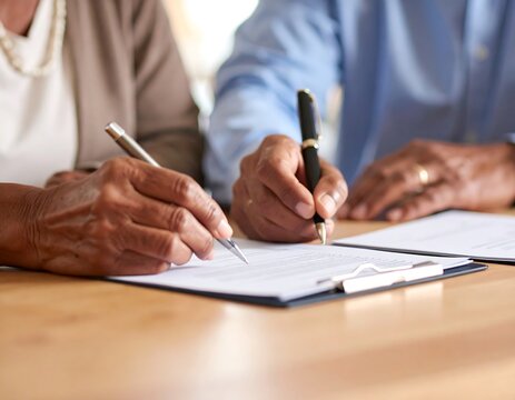 Senior couple signing documents
