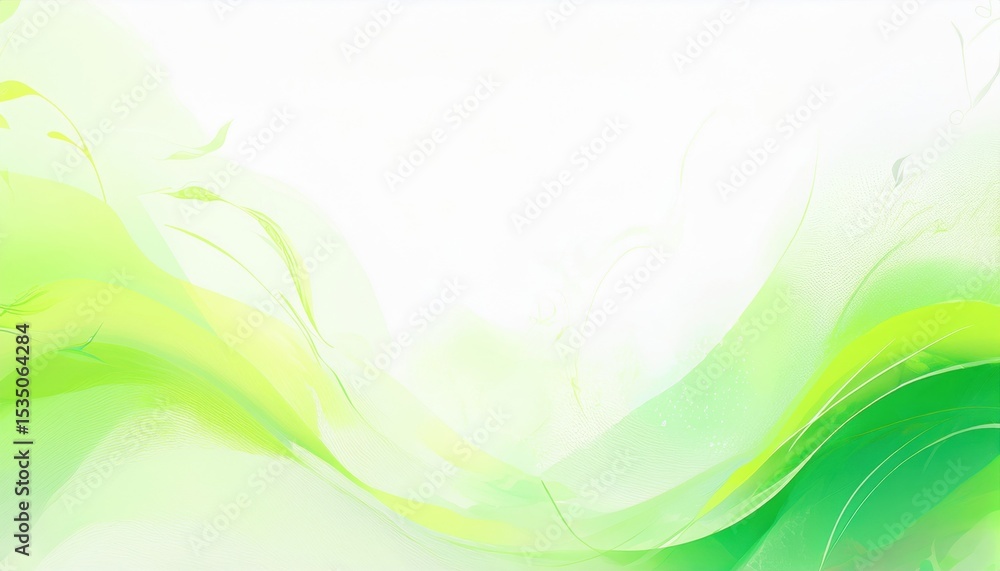 Poster soft green wave abstract with translucent leaf accents and fluid gradients on white background for eco branding, organic product label, or nature themed web design

