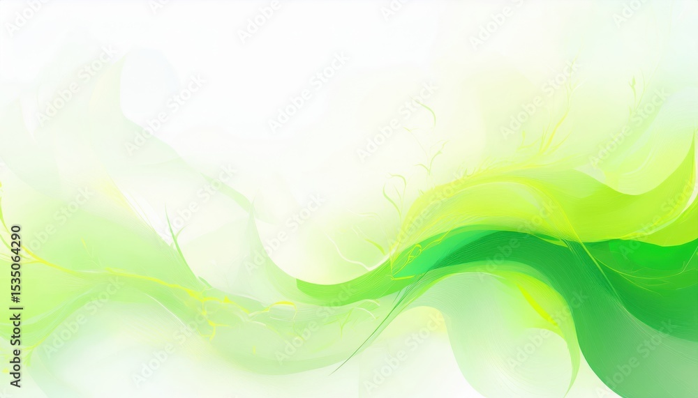 Poster soft green wave abstract with translucent leaf accents and fluid gradients on white background for e