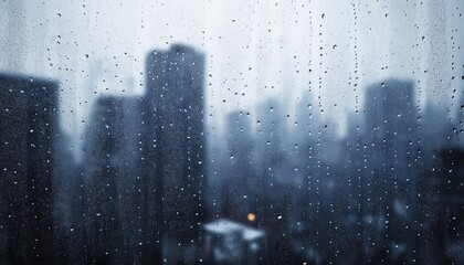 raindrops on window with blurred cityscape skyline in background, moody blue tone urban scene ideal for web design, blog header, or print media

