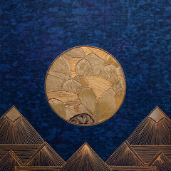 Luxury Korean Traditional Paper Texture with Gold Floral Patterns on Deep Blue Background