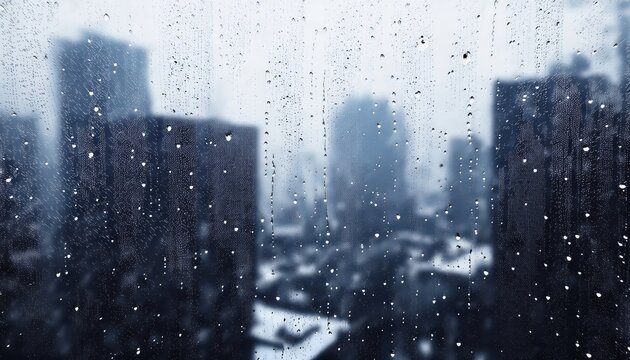 raindrops on window with blurred cityscape skyline in background, moody blue tone urban scene ideal for web design, blog header, or print media

