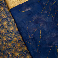Luxury Korean Traditional Paper Texture with Gold Floral Patterns on Deep Blue Background