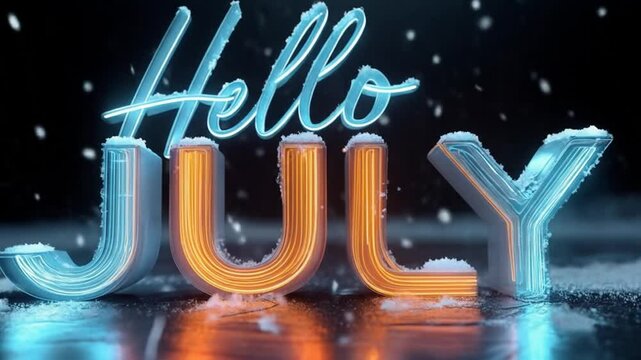 Neon Hello July Text Animation with Snowfall and Reflective Surface on Black Background