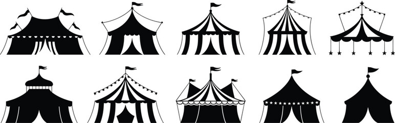 Set of vintage circus tent silhouette icons with decorative flags, carnival style elements, retro black and white striped design, ideal for vector art and illustration