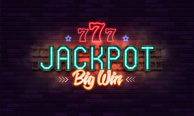 Jackpot banner or poster with retro neon signs on a brick wall background. Vector illustration.