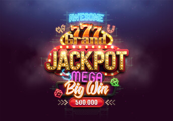 Shining Jackpot billboard with retro neon signs. Mega big win concept. Vector illustration.