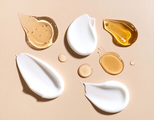 Cosmetic product swatches on beige background