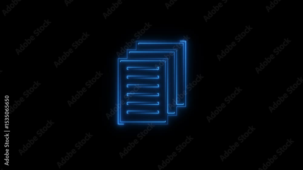 Poster neon file documents uploading icon animation .glowing blue neon document sign.