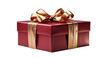 Red gift box, golden ribbon, festive holiday present, luxury packaging, birthday celebration surprise, isolated on transparent background.