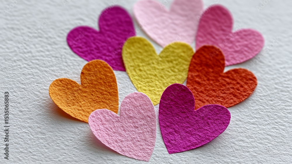 Poster bunch of hearts are scattered on a white background. the hearts are of different colors and sizes, a