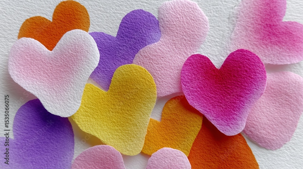 Poster bunch of hearts in different colors and sizes. the hearts are scattered all over the image, with som