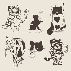 Seamless pattern with doodle cats among stars. Continuous one line kittens. Feline in different poses. Animals sit, lay,relax. Childish monochrome print,wrapping paper. Modern drawing with domestic pe