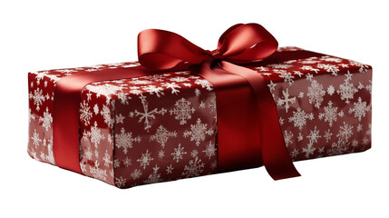 Red Christmas box, snowflake design, festive winter present, New Year celebration, elegant ribbon, isolated on transparent background.