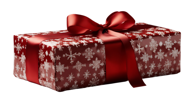 Red Christmas box, snowflake design, festive winter present, New Year celebration, elegant ribbon, isolated on transparent background.