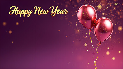 Elegant New Year Celebration with Balloons and Sparkling Lights on Purple Backdrop