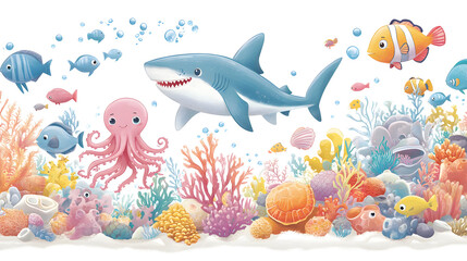 Obraz premium Cartoon sea creatures and coral reef illustration