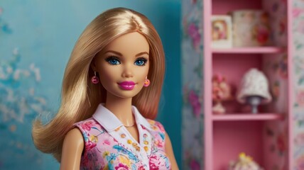 Blonde doll in floral dress, studio shot