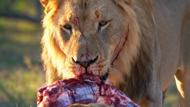 Male lion feeding on bloody carcass during intense wild hunt under sunlight. Wildlife concept
