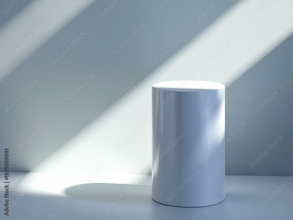 Poster high resolution visual of white cylinder pedestal podium with shadow background. abstract minimal sc