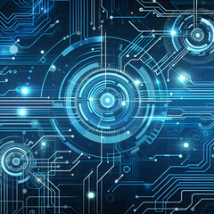 Obraz premium Digital Circuitry: A captivating visualization of a complex circuit board with neon blue lights, a technological masterpiece hinting at cutting-edge innovation and interconnected systems.