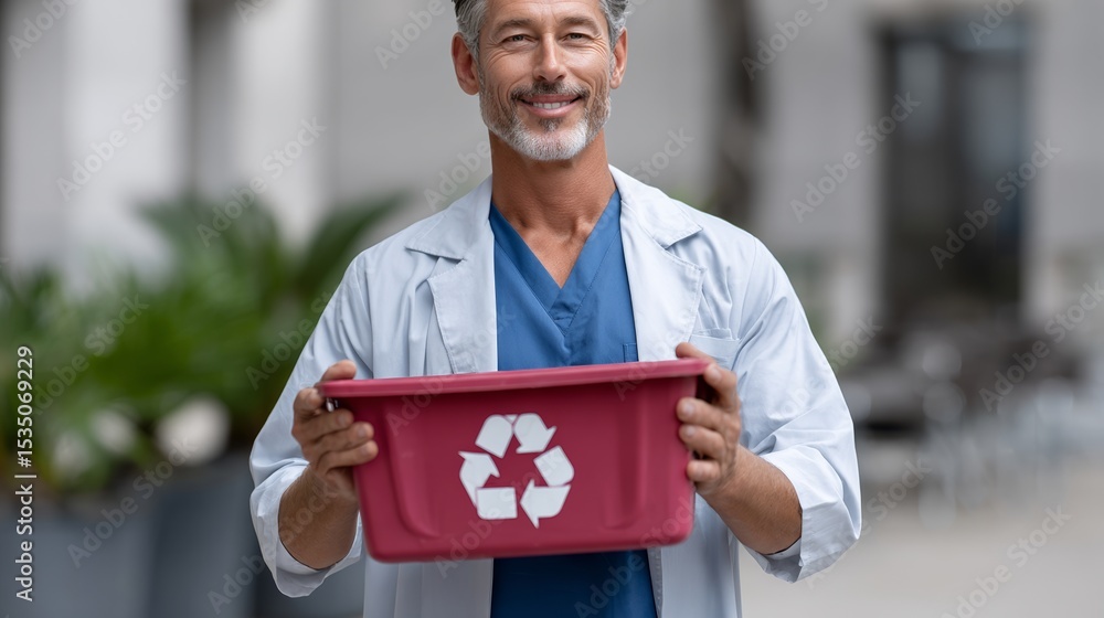 Poster man in a white lab coat holding a red trash can with a recycling symbol on it. he is smiling and he 