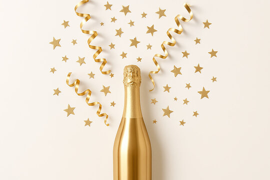 Flat lay of a golden champagne bottle with metallic star confetti and curling party streamers on a white background