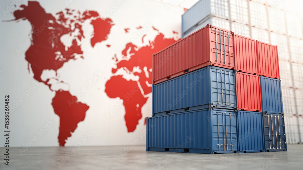 Aufkleber import tariff policy concept. stacked shipping containers in front of a world map mural.
