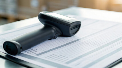 Import tariff policy concept. Barcode scanner on paperwork for inventory management.