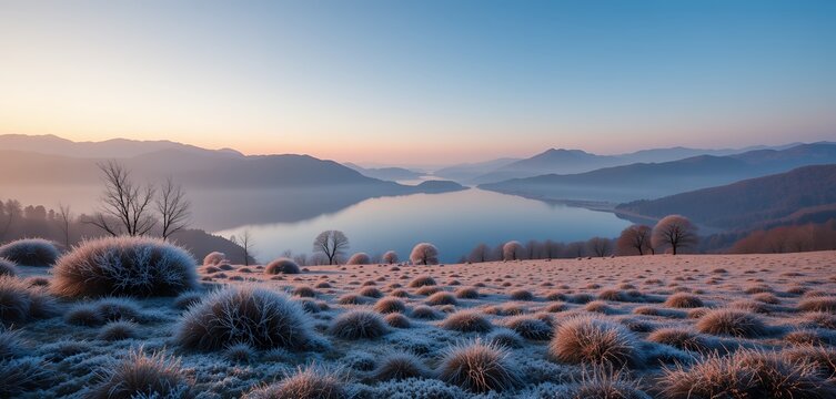 Serene frost covered landscape with calm lake and distant mountains at dawn